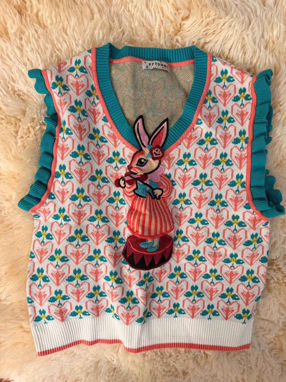 Whimsical girl’s Turquoise & Coral Bunny Knit Vest